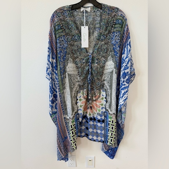 Camilla Blue White multicolor bejeweled Rainbow warrior Kaftan mini dress OS NWT - Picture 7 of 15